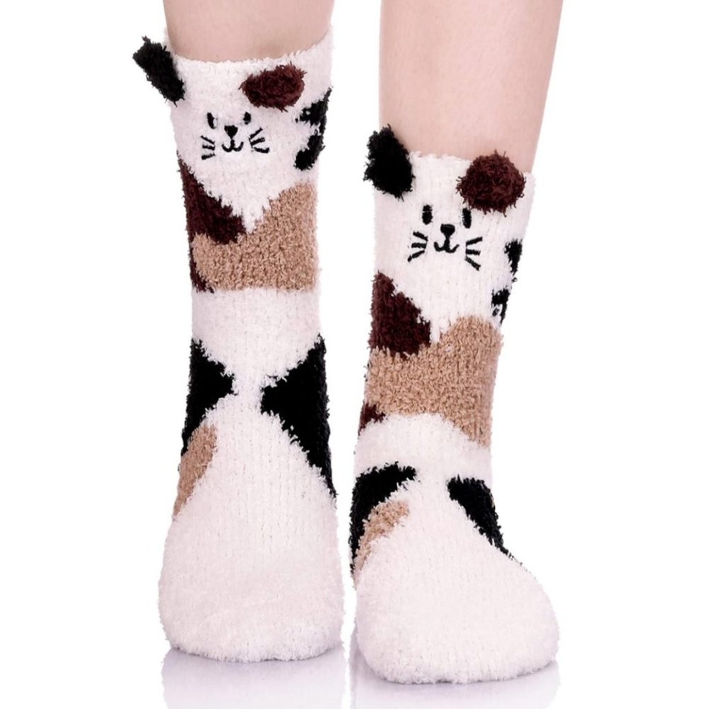 Cute Fuzzy Socks Women's/Girls Brown White Mouse Animal Super Soft Socks w Ears